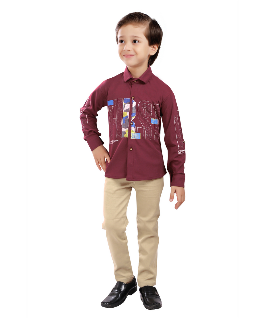 Full Sleeves Text Print Shirt & Pant - Maroon & Mouse