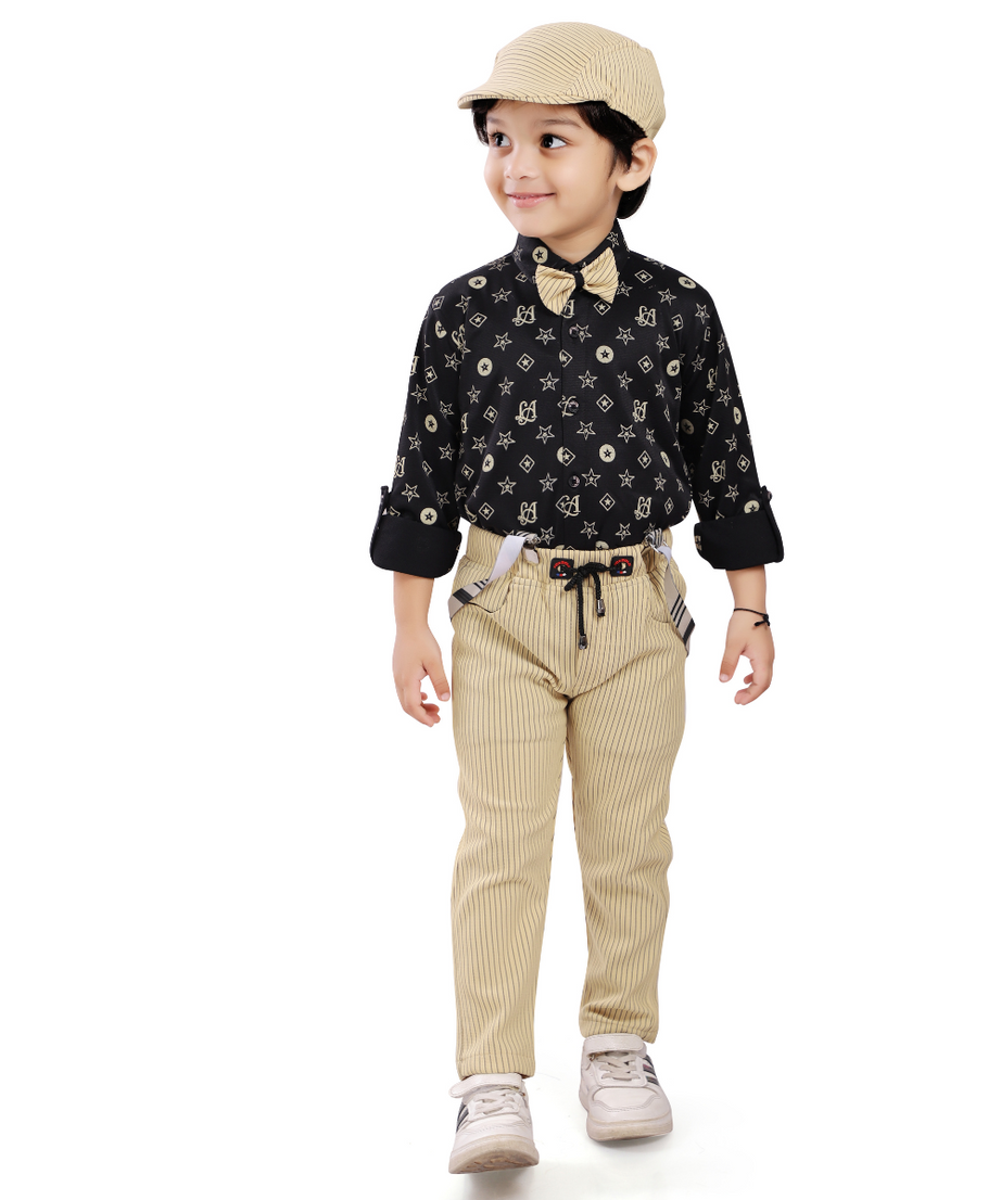 Boys Black All-Over Print Shirt and Beige / Peach Pant Set with Suspender, Bow and Cap