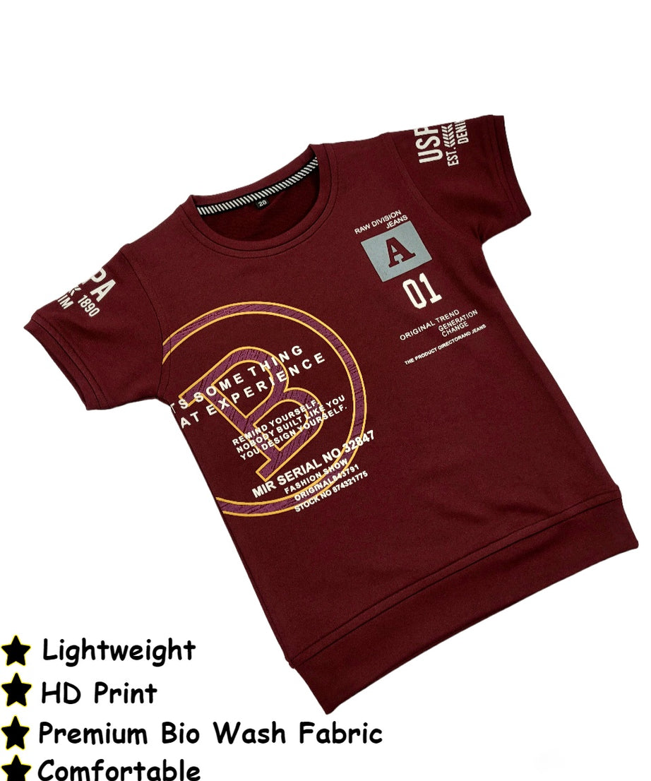 Boys maroon Bio Finish Cotton Round Neck T-shirt 